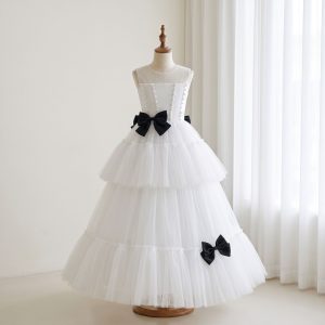 5 Elegant Princess Dresses | Girls White Tulle Dress with Black Bow Details