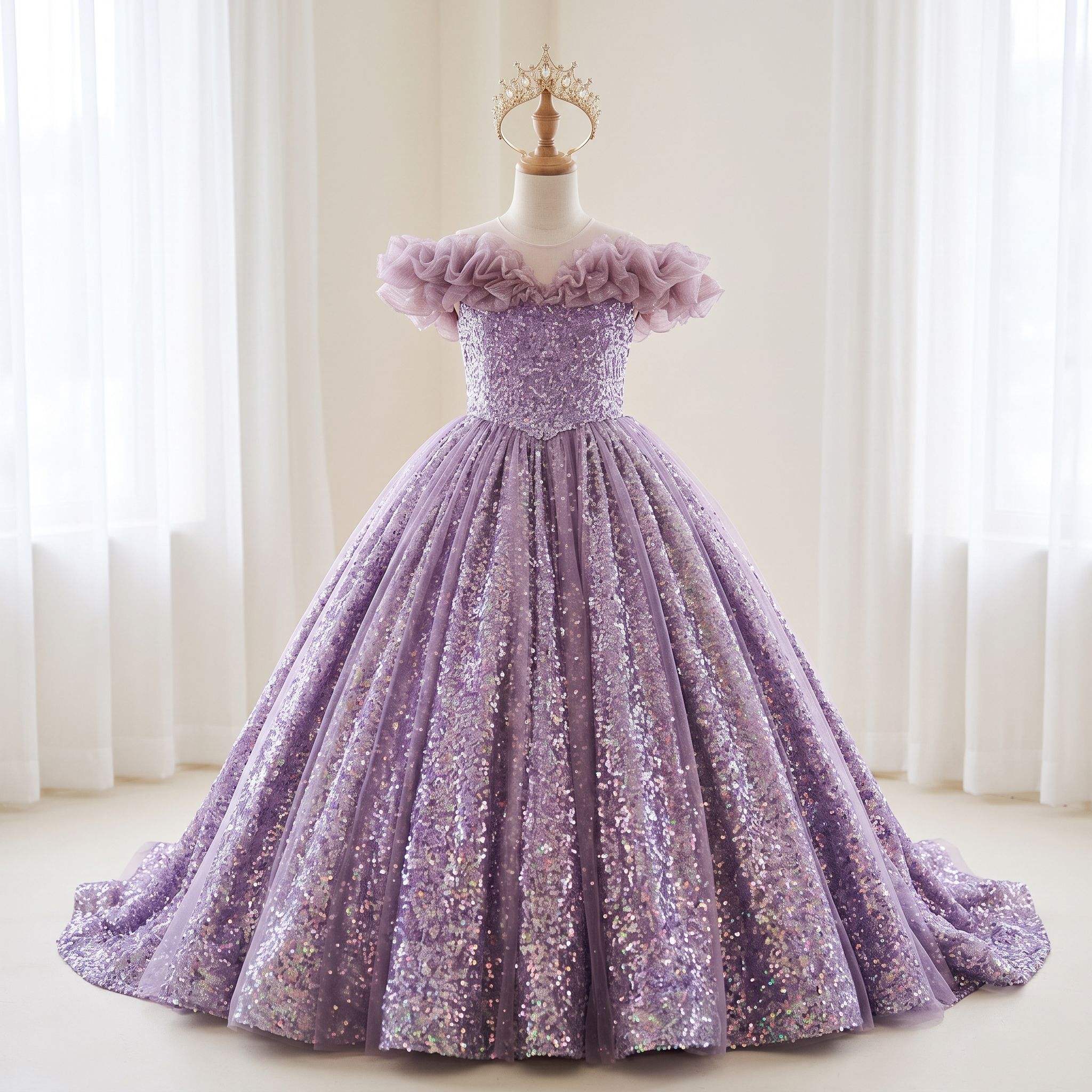 5 Enchanting Princess Dresses | Girls Lavender Sequin Tulle Ball Gown with Ruffle Details