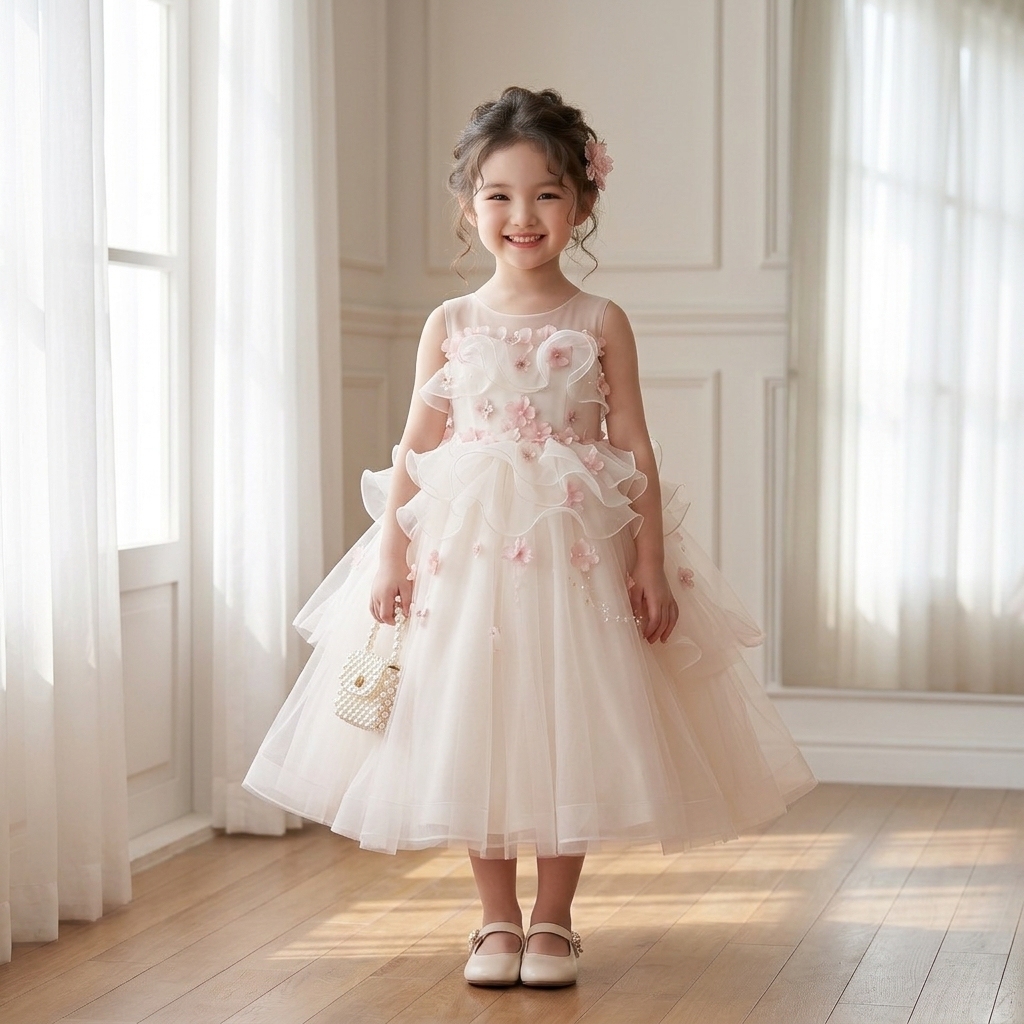 9 Charming Flower Girl Dresses | Ivory Tulle Princess Dress with Delicate 3D Floral Ruffles - Image 2