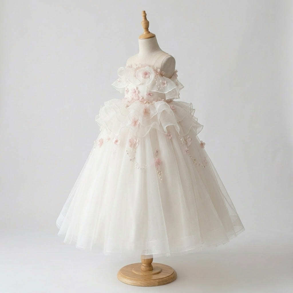 9 Charming Flower Girl Dresses | Ivory Tulle Princess Dress with Delicate 3D Floral Ruffles - Image 3