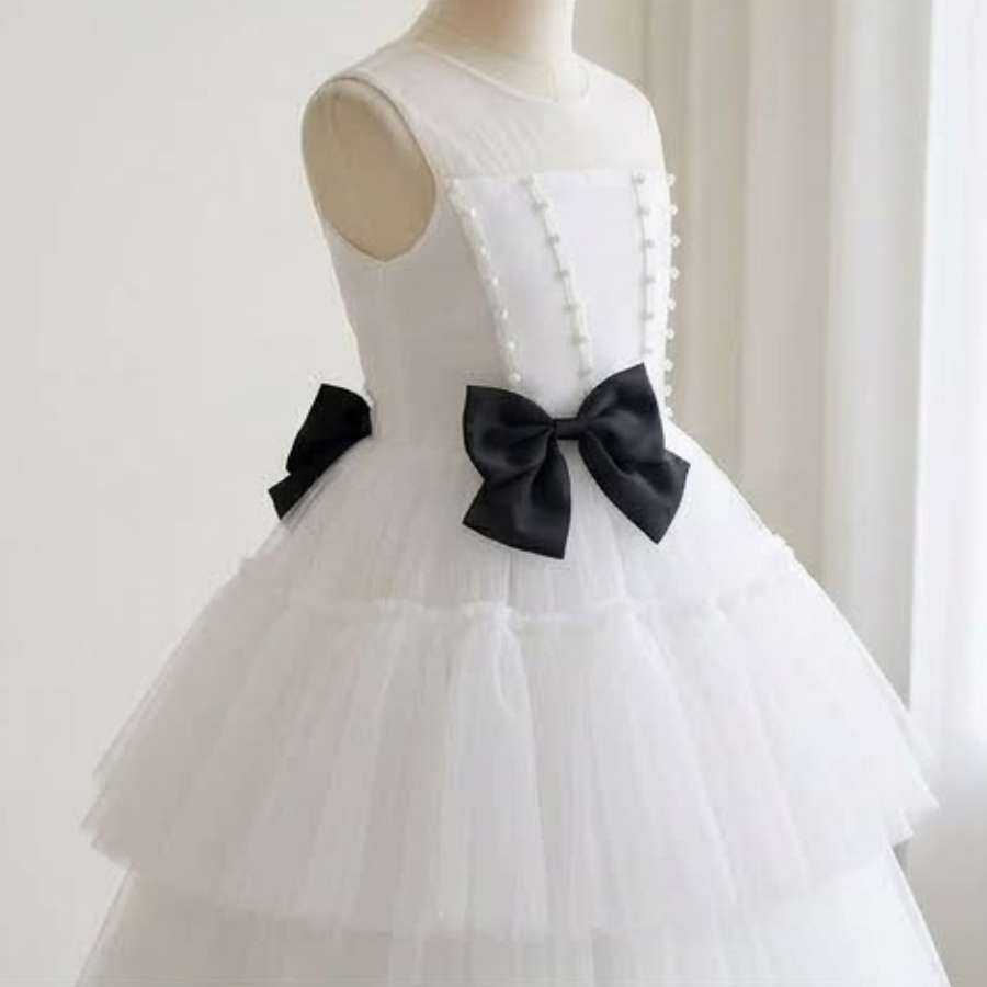 5 Elegant Princess Dresses | Girls White Tulle Dress with Black Bow Details - Image 3