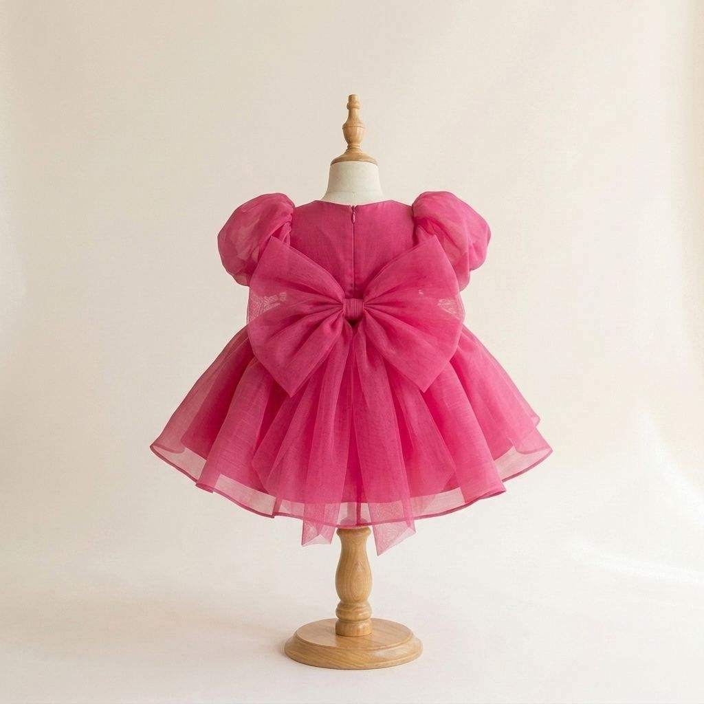 7 Gorgeous Pink Tulle Dresses | Girls Fuchsia Party Dress with Statement Bow & Puff Sleeves - Image 4
