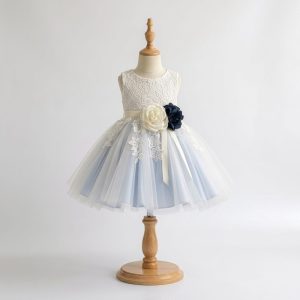 6 Stunning Flower Girl Dresses | Girls White & Light Blue Lace Tulle Dress with Elegant Floral Waist Details