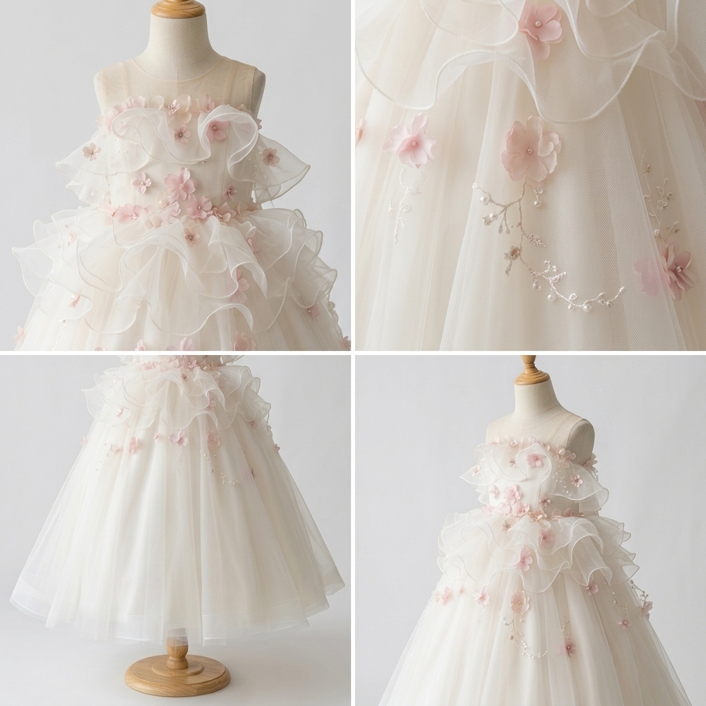 9 Charming Flower Girl Dresses | Ivory Tulle Princess Dress with Delicate 3D Floral Ruffles - Image 5