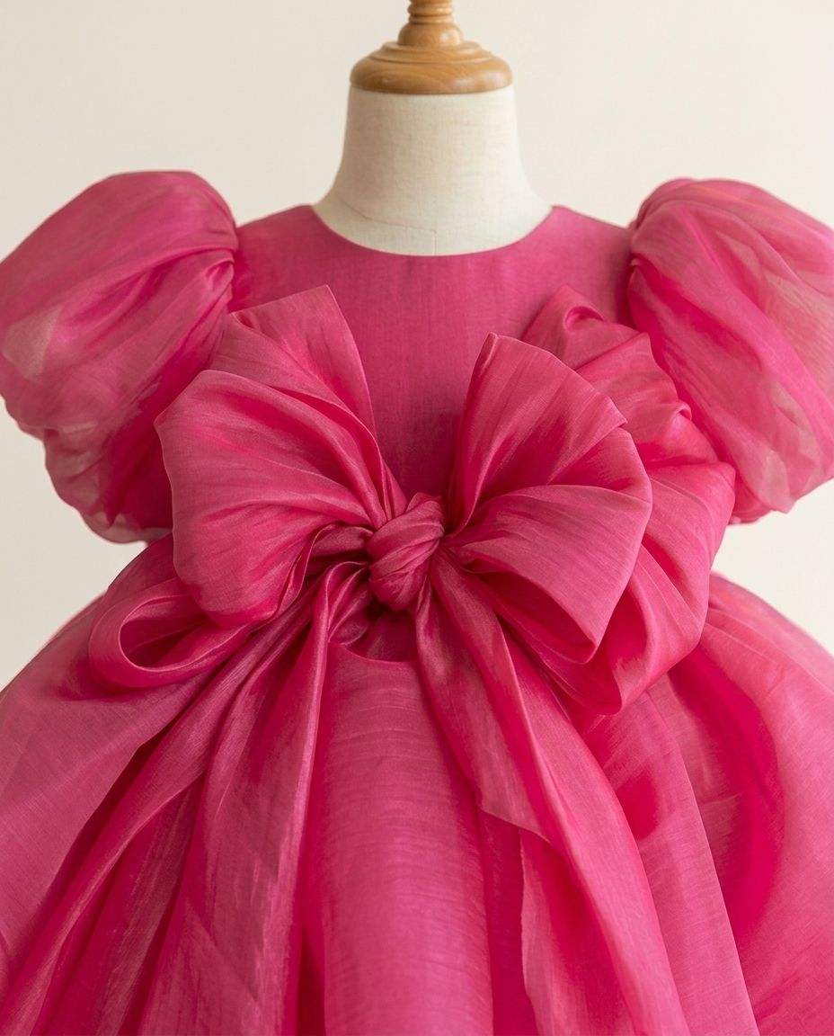 7 Gorgeous Pink Tulle Dresses | Girls Fuchsia Party Dress with Statement Bow & Puff Sleeves - Image 5