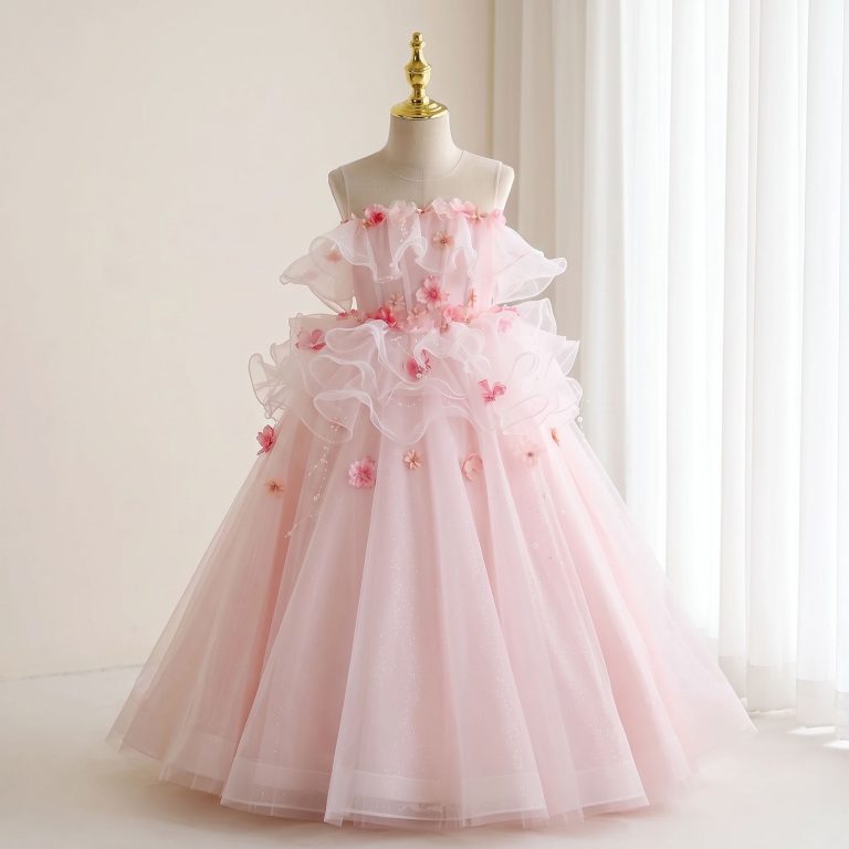5 Enchanting Flower Girl Dresses | Girls Pink Tulle Ball Gown with Floral Ruffle Details